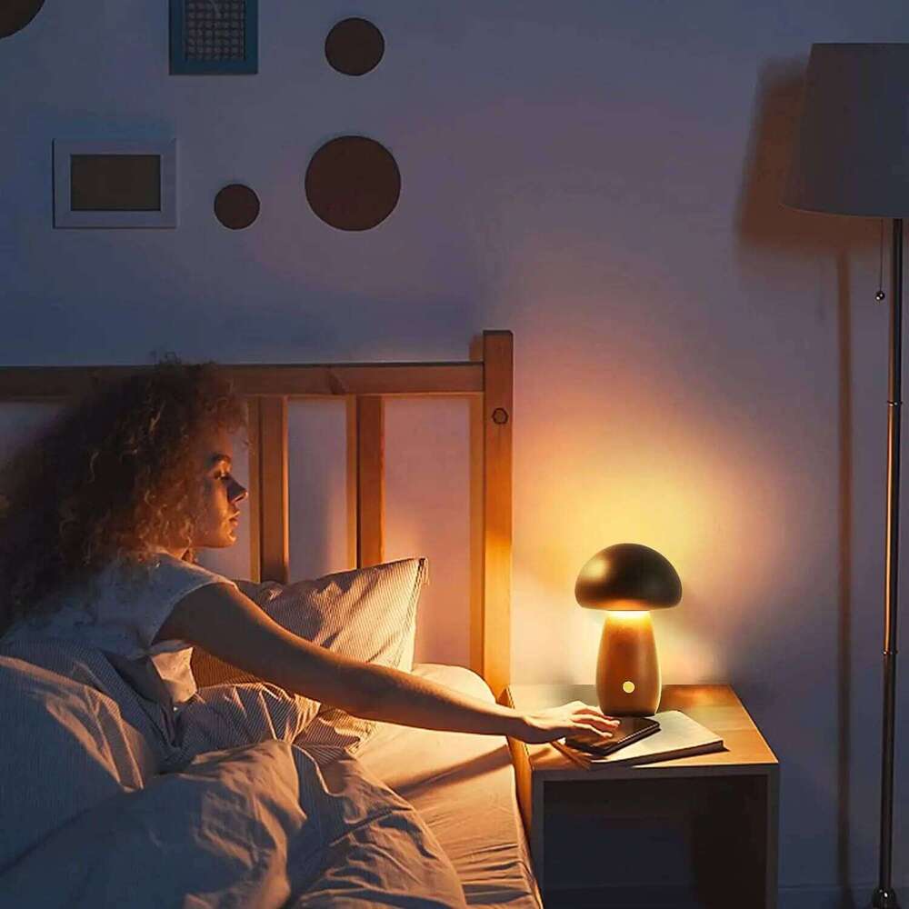 Wooden Creative Mushroom Night Light Stepless Dimming Bedside Table Lamp 3 Color Rechargeable Sleeping Nightlights For Room Z260227