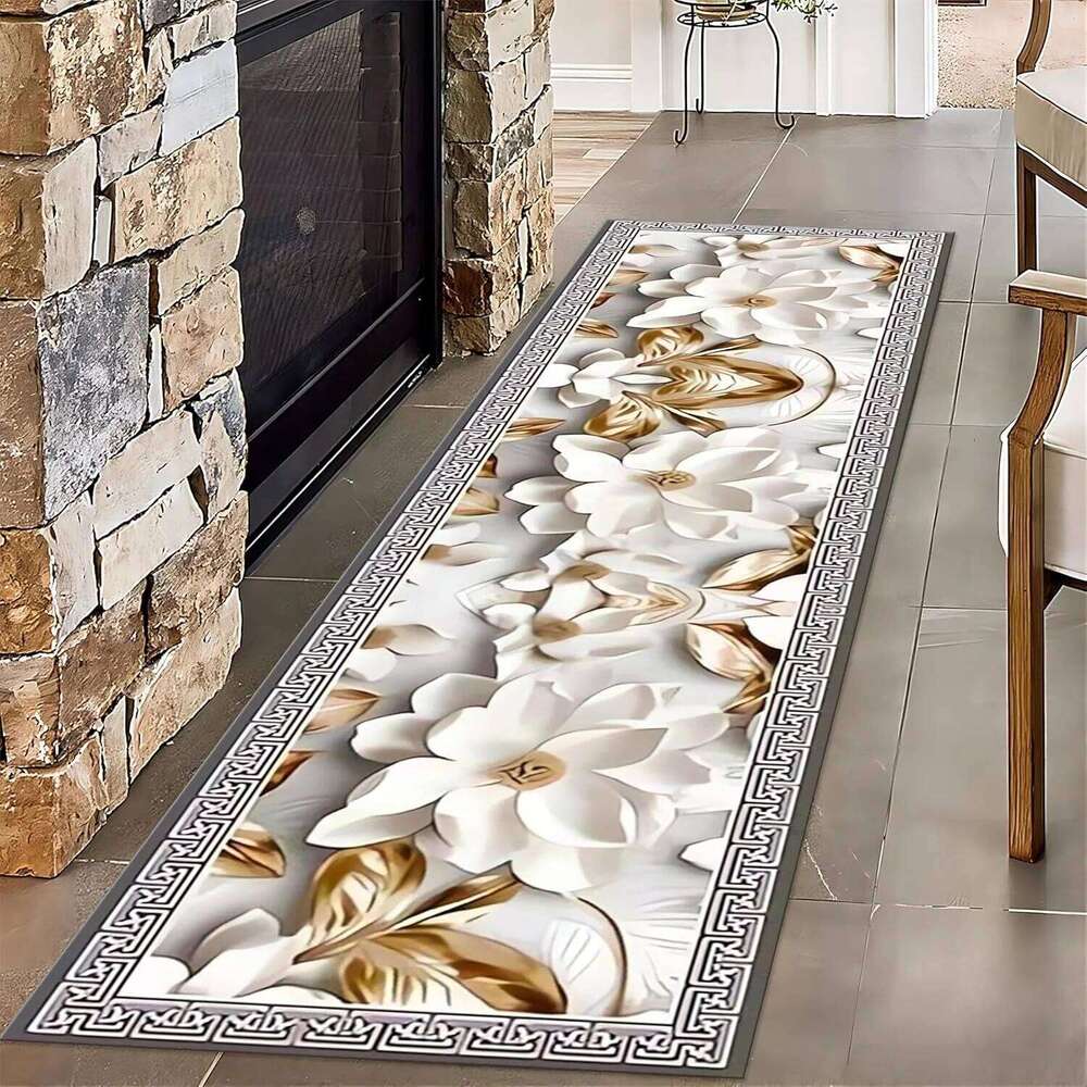 Luxury Hallway Rug,Modern Platinum Flower Runner Entryway, Foldable Friendly Carpet for Nursery Porch Bedroom H260226