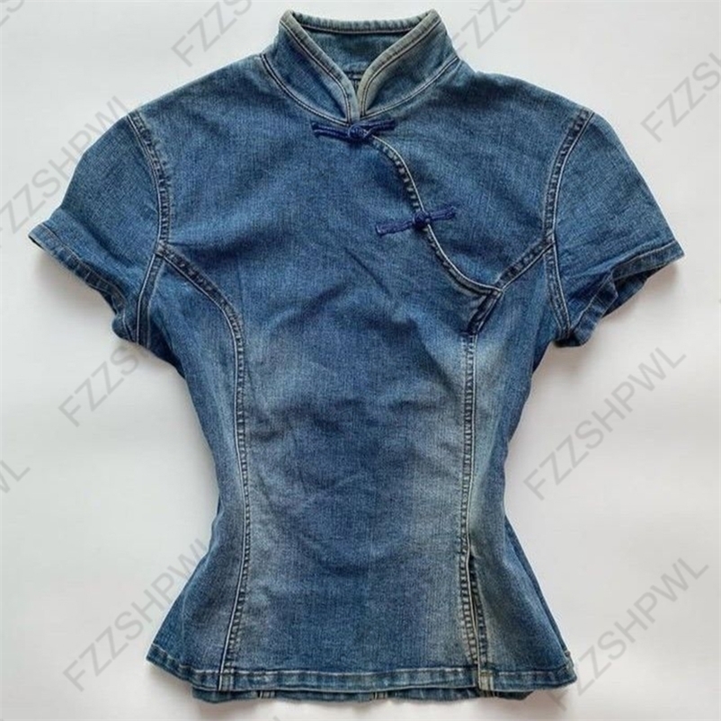 Y2K Vintage Aesthetics Womens Cheongsam Top Sexy Cute Slim Fit Chic Denim Crop Top Fashion Trendy Grunge Punk Female Streetwear 260227