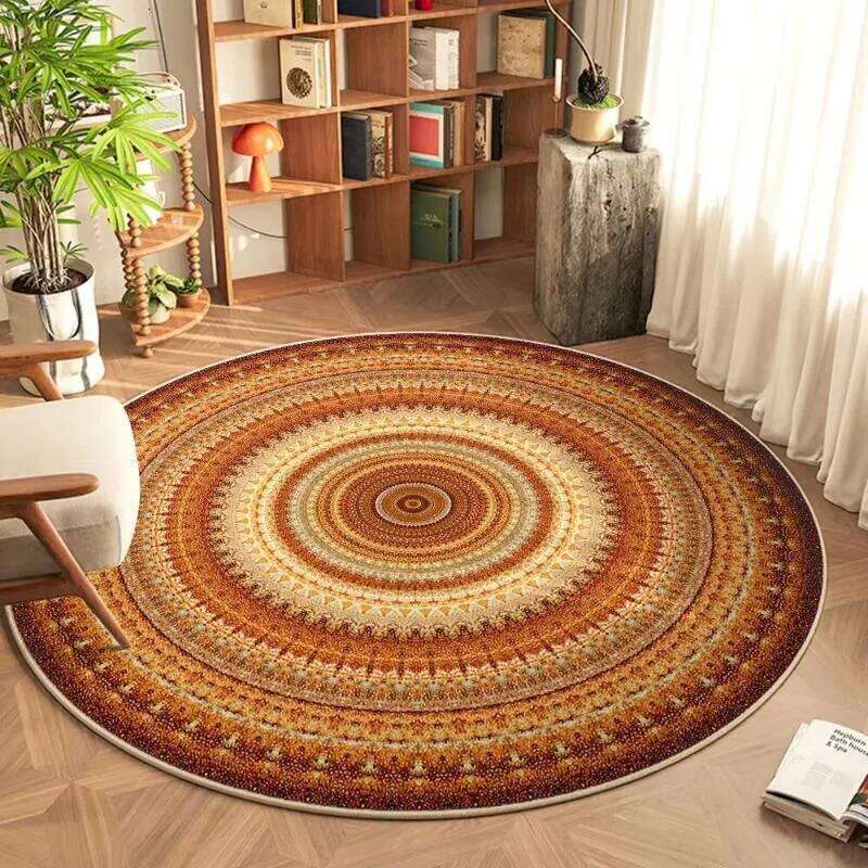 Bohemian Round Rug Colorful Mandala Design Orange Brown Beige Tones Ethnic Pattern Area Carpet For Home Decor H260226