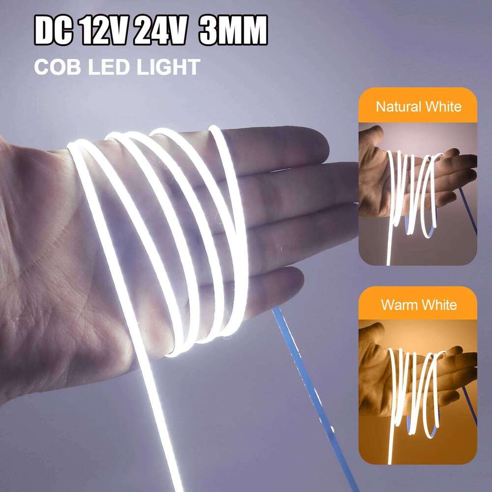 Narrow Width 3MM DC 12V 24V COB Strip 384Leds/M 3000K 4000K 6000K Warm/Natural White Home Decor Flexible Ribbon Rope LED Light Z260226