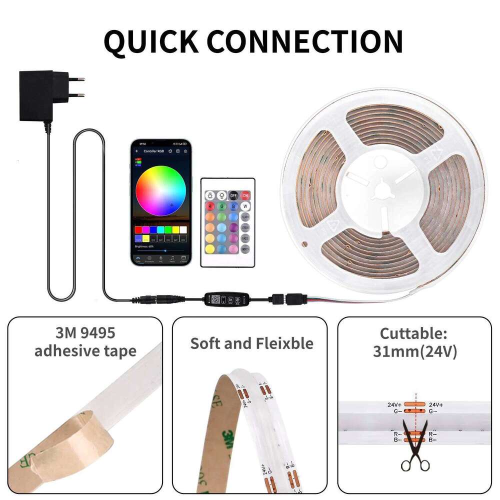 RGB COB Strip Lights with RF Remote Controller Set 2880 LEDs DC24V Flexible 16.4ft LED Tape Light Indoor Decor Lighting Z260226