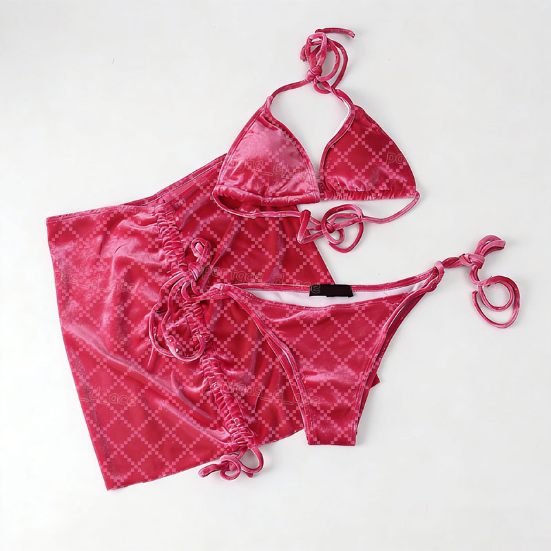 Letter Jacquard Velour Bikinis Swimwear with Skirt Sexy Women Halter Split Swimsuit Summer Vacation Beach Yacht Surfing Bathing Suit Sarong