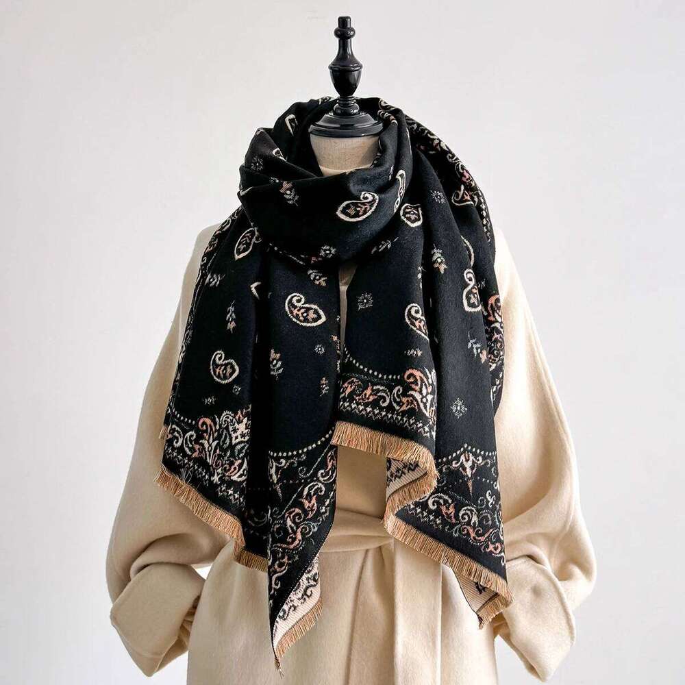 Fashion Faux Cashmere Shawl Women Vintage Pattern Tasseled Scarf Warm Wrap Stylish Accessory Ideal For Winter Wear Z260226