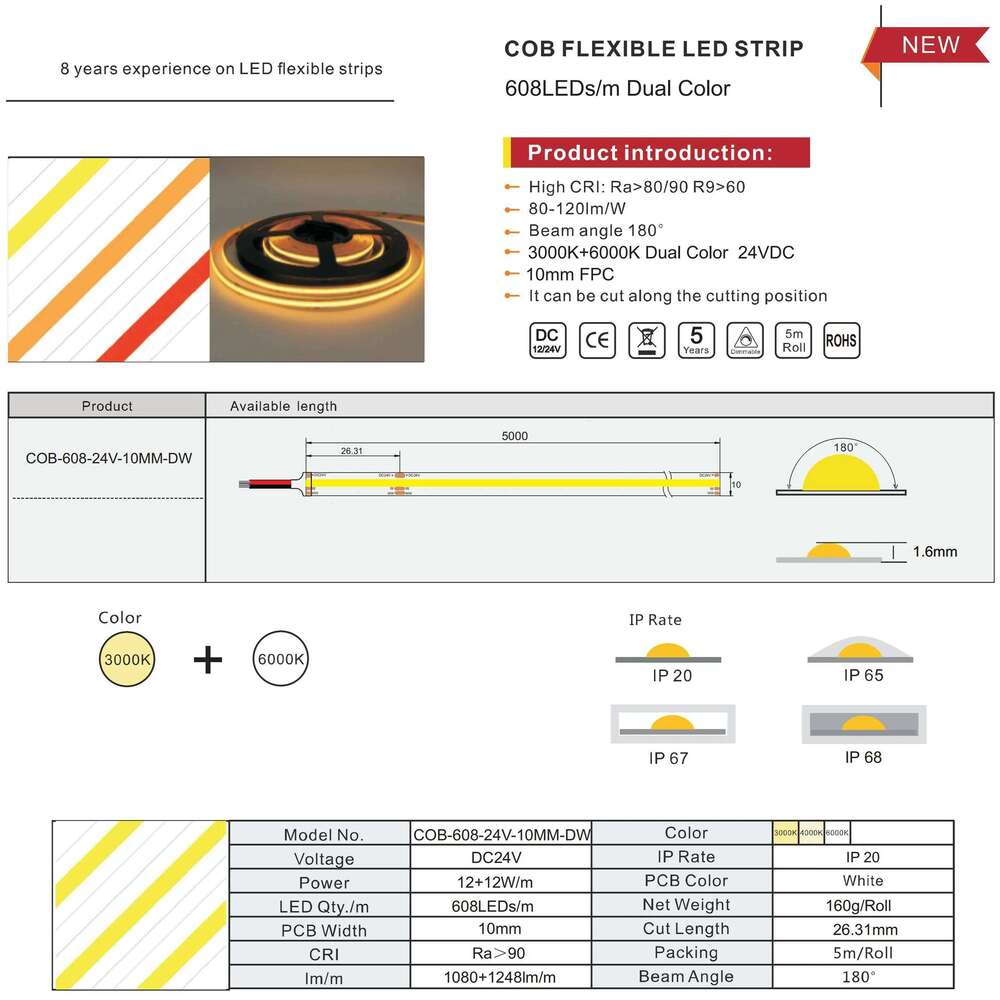 COB CCT LED Light Strip 608LEDs Flexible FOB 10mm Tape Lights RA90 Warm White Linear Dimmable 24V Color Temperature Adjustable Z260226
