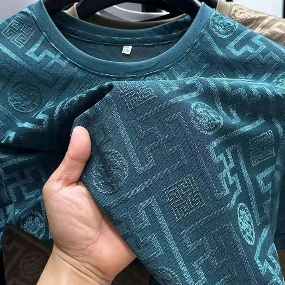 Men's T-shirt Ice Silk Jacquard Crew Neck Teal Color For Temperament Retro Pattern Lightweight Breathable Clothing Daily Outfit