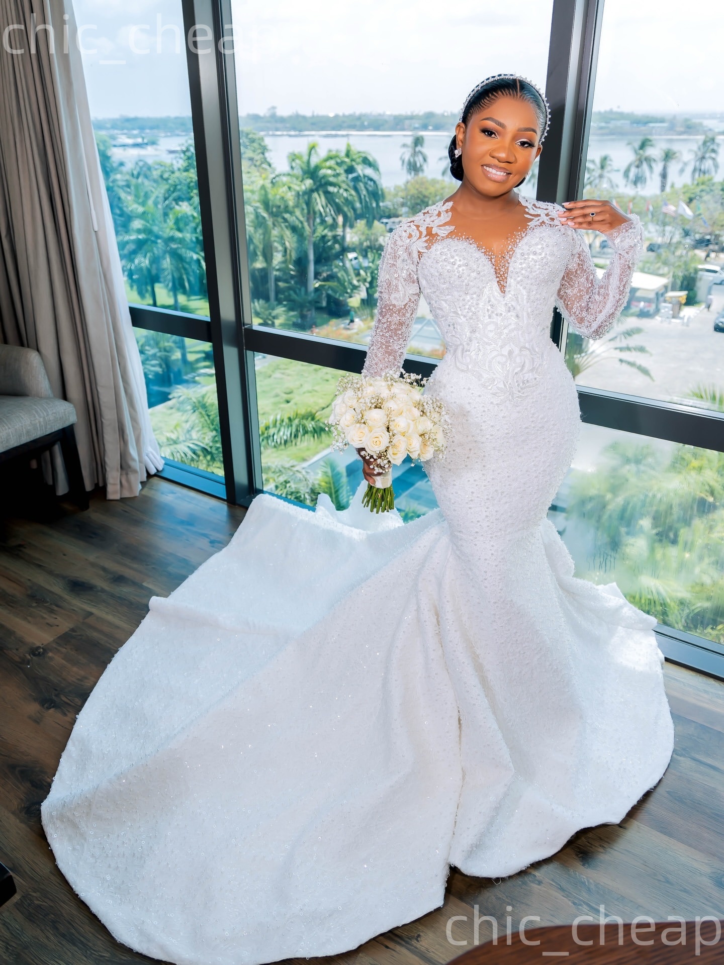 African Aso Ebi 2026 Ivory Mermaid Wedding Dress Pearls Lace Sheer Neck Full Sleeves Sequined Vintage Charming Bridal Gowns Dresses ZJ0277