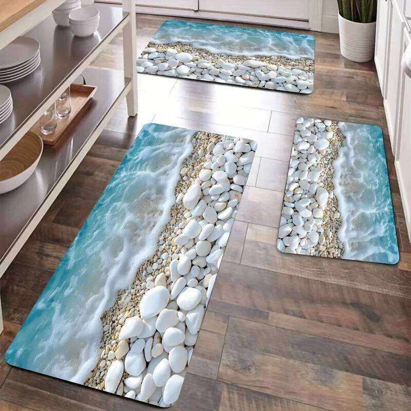 Coastal Beach Pebble Wave Pattern Carpet Mat Rug Home Decoration Non-Slip for Kitchen Entryway Living Room Bedroom H260226