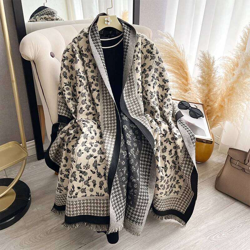 Women New Two Sided Floral Print Imitation Cashmere Scarf Soft Warm Pashmina Shawl Autumn Winter Coldproof Windproof Blanket Z260226