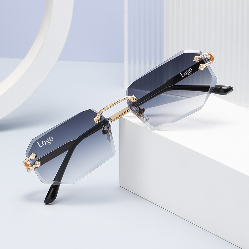 2026 fashion UV400 women's glasses new luxury small frame metal sunglasses custom logo fashion rimless diamond cut sunglasses