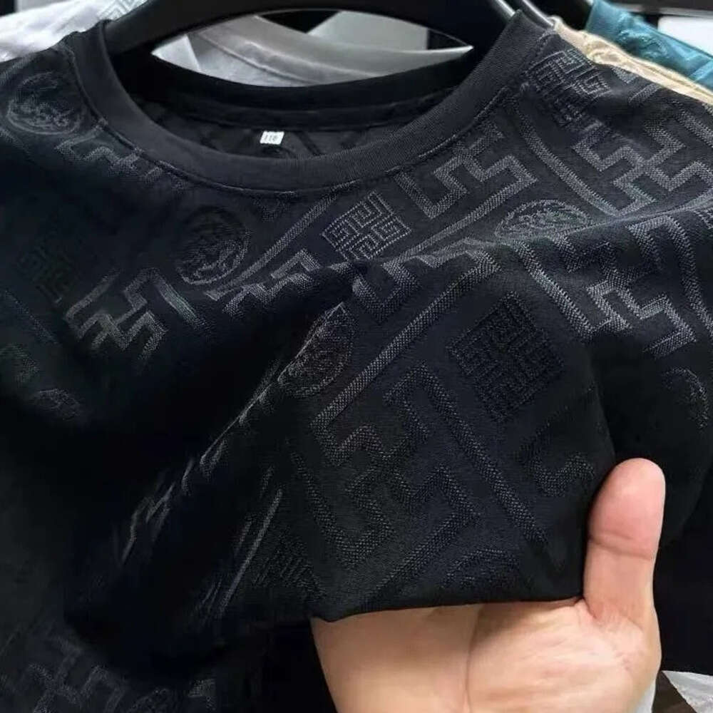 Men's T-shirt Ice Silk Jacquard Crew Neck Teal Color For Temperament Retro Pattern Lightweight Breathable Clothing Daily Outfit