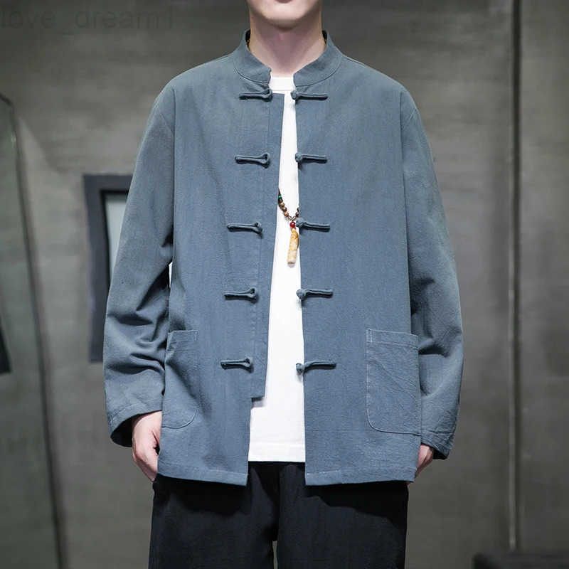 2024 Black White Chinese Shirt Man Cotton Linen Tang Suit Top Spring Autumn Long Sleeve Kung Fu Shirt Traditional Men Blouses H260227