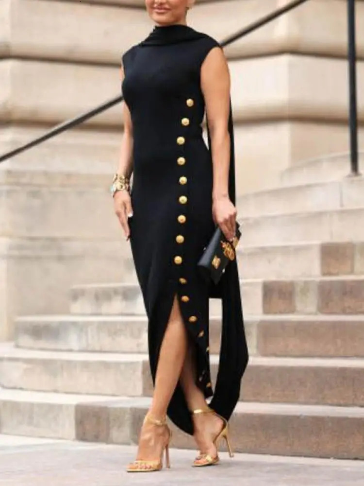 Lemongor Black White Color Buttoned Shawl Collar Evening Dresses Women Summer Sleeveless Split-Side Casual Office Dress 260227