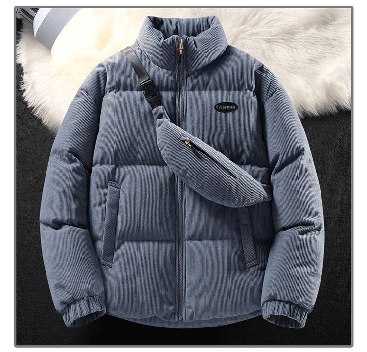 Men's Winter Corduroy Padded Jacket, Stylish Stand Collar Thickened Trendy Coat with Crossbody Bag, Versatile Couples Outerwear