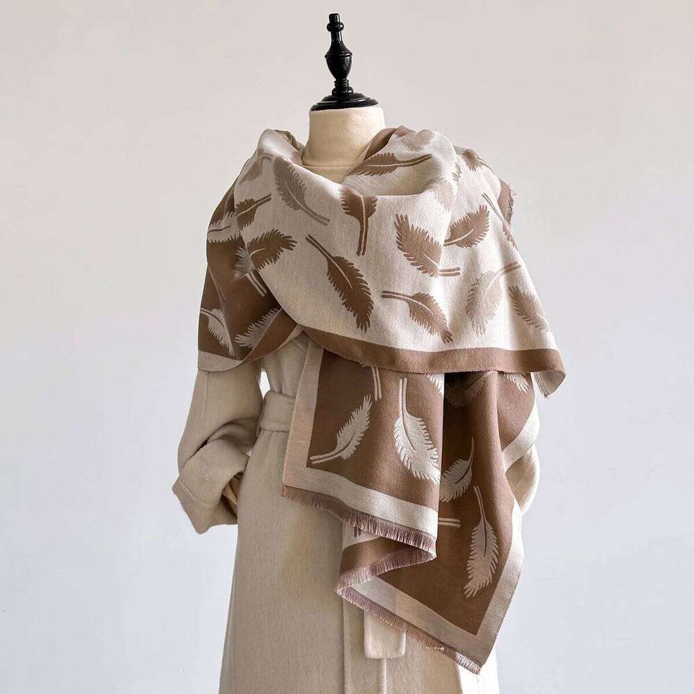 Women's Winter Faux Cashmere Thick Feather-Cashew Flower Design Warm Blanket Scarf Fashionable Luxurious Accessory Z260226