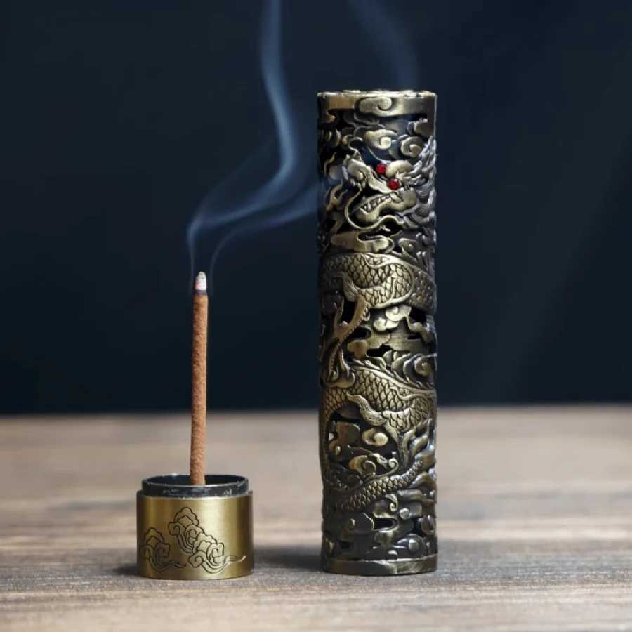 Incense Holder Brass Heart Sutra Engraved with Ash Catcher for Safe AromatherapyT260227