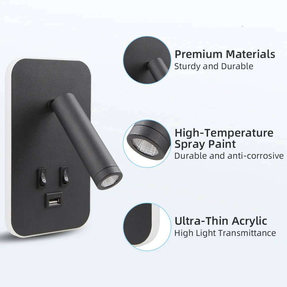 Lamp with Chargeable USB Port Bedside LED Reading Bedroom Lights Rotatable Head Wall Sconce for Living Room Home Decor Z260227