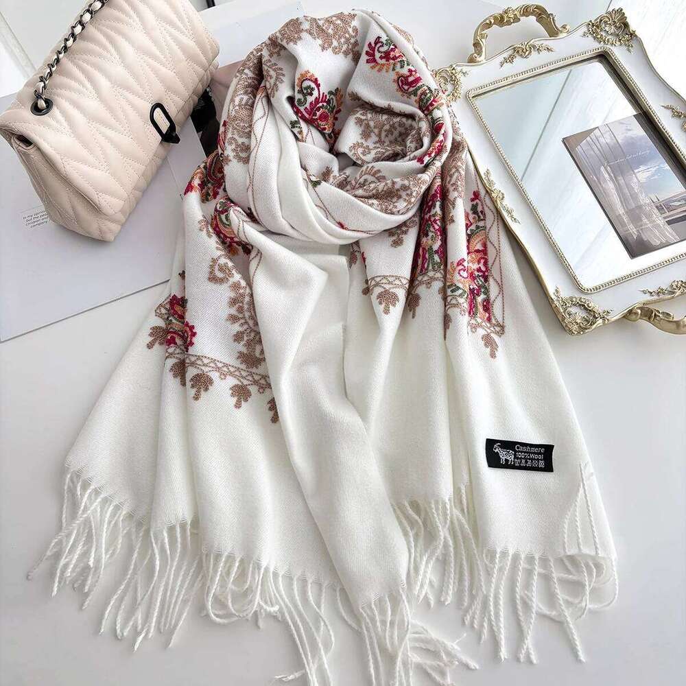 Floral Warm Scarf Women Faux Cashmere Shawl Wrap Thickened Pashmina Tassel Perfect for Outings Stylish Winter Blanket Z260226