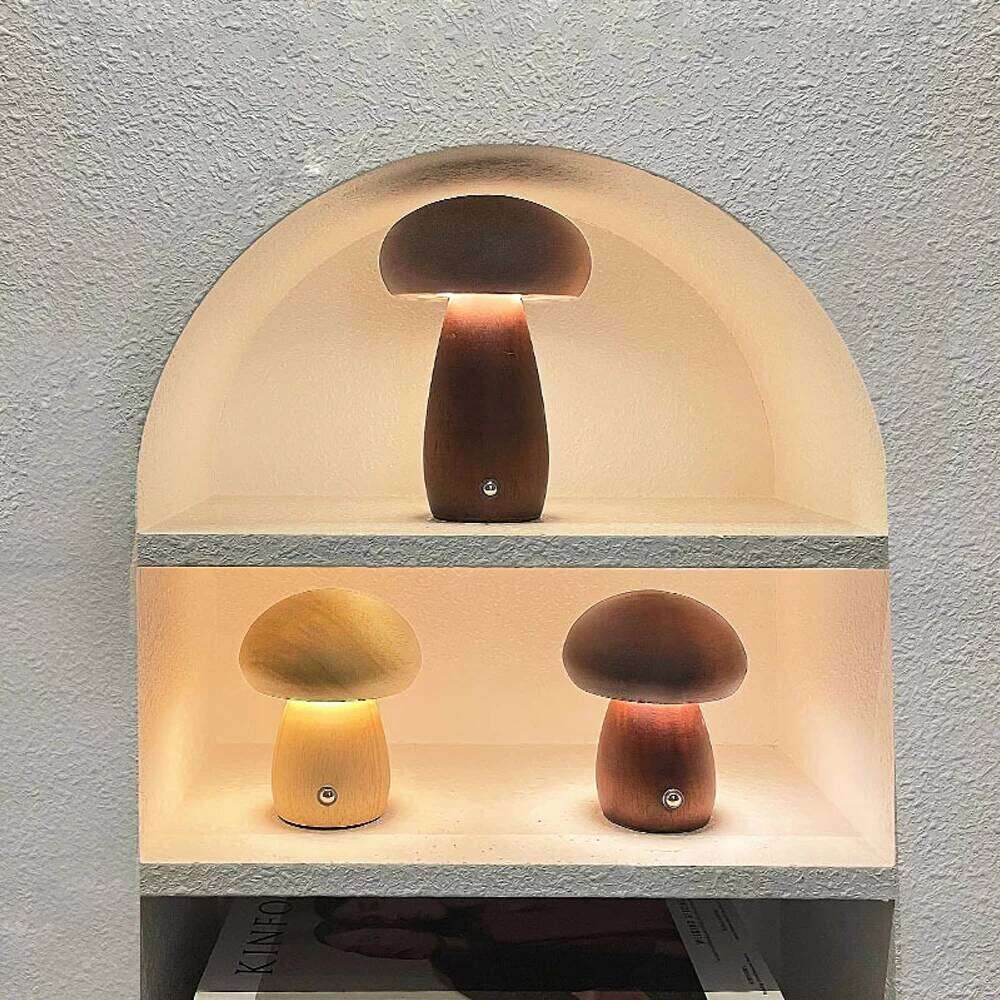 INS Wooden Creative Mushroom Night Light Stepless Dimming Bedside Table Lamp 3 Color Rechargeable Sleeping Nightlights For Room Z260227