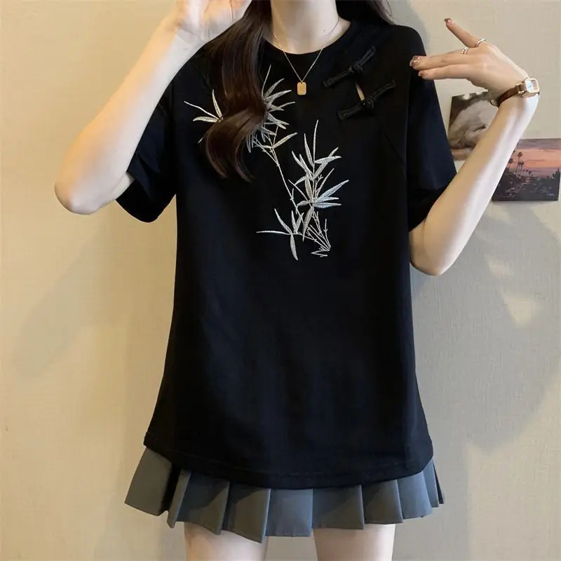 Chinese Style Bamboo Embroidery Frog Button Short Sleeve Tshirt Womens Summer Loose Slim Top 260227