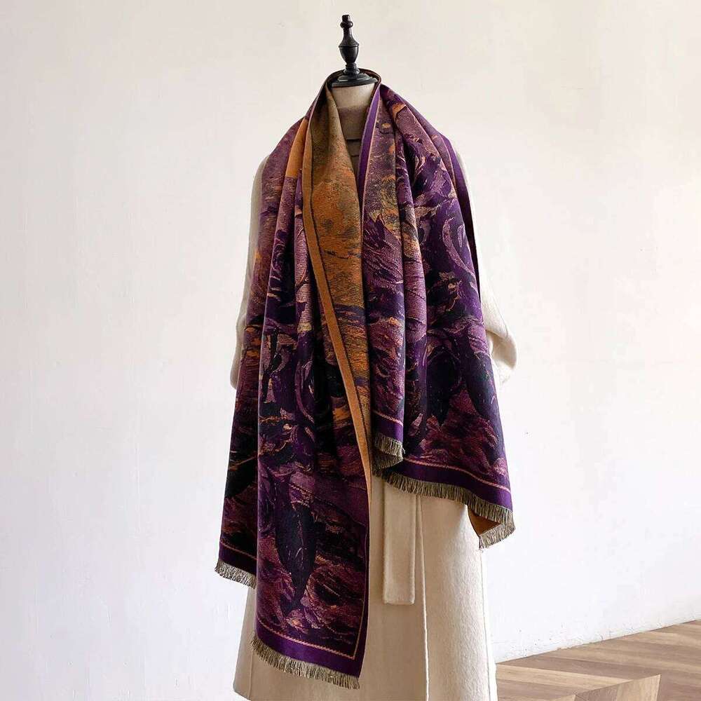 Luxury Winter Cashmere Double-sided Design Scarf Women Warm Pashmina Blanket Poncho Scarves Female Oil painting Shawl Bufanda Z260226