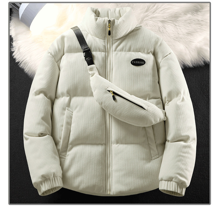Men's Winter Corduroy Padded Jacket, Stylish Stand Collar Thickened Trendy Coat with Crossbody Bag, Versatile Couples Outerwear