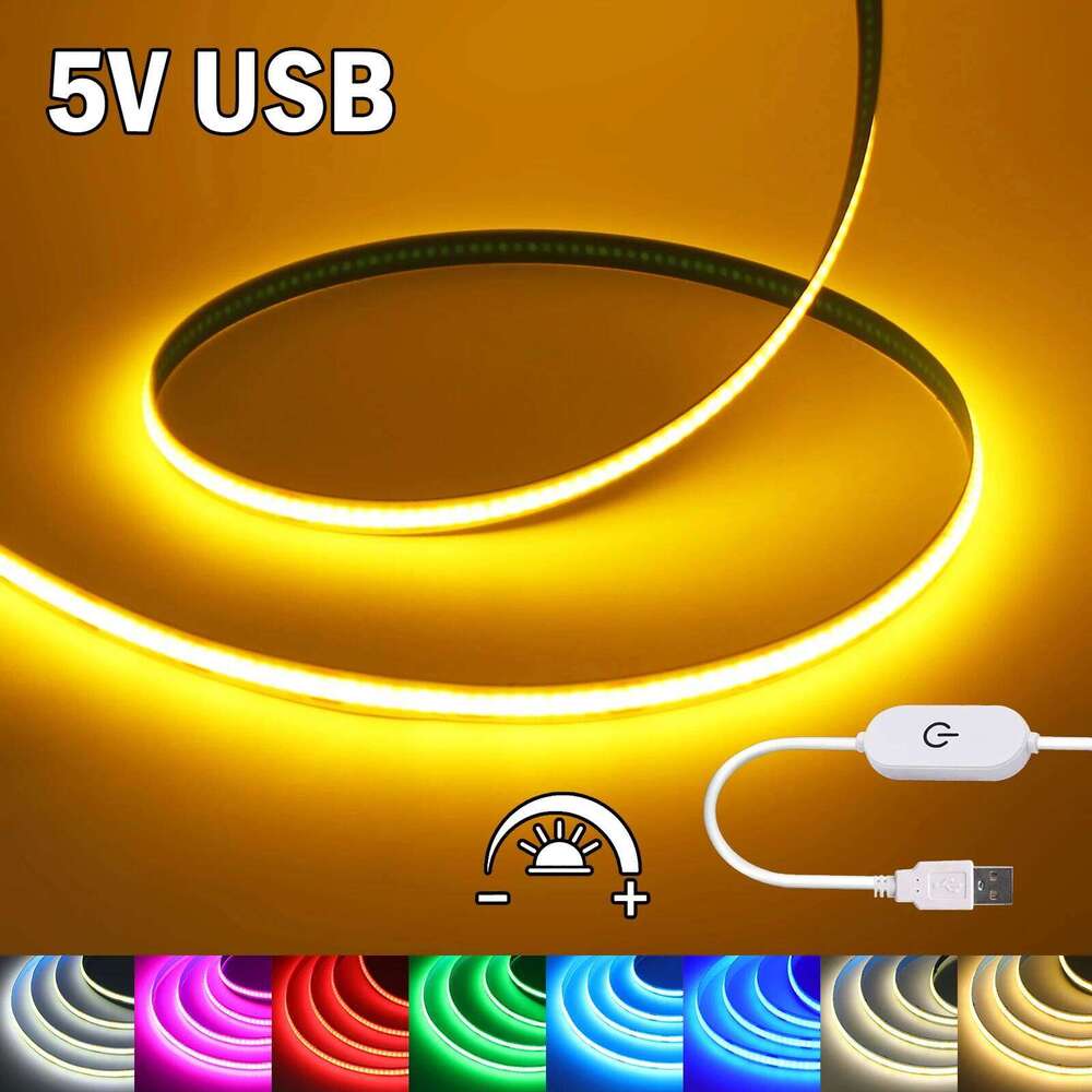 Dimmerable DC 5V USB COB Strip White/Pink/Red/White/Yellow/Yellow/Ice Blue/Green Home Decor TV Backlight Flexible Ribbon Rope Z260226