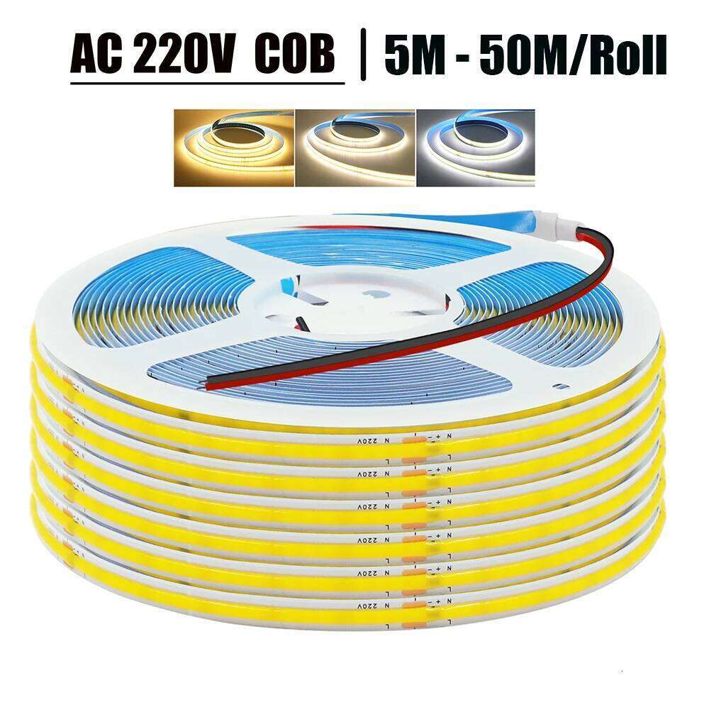 AC 220V COB Strip IP20 3000K 4000K 6000K Home Decor High Brighter 240Leds/M Flexible Ribbon Rope Tape LED Light 5M 10M 50/Roll Z260226