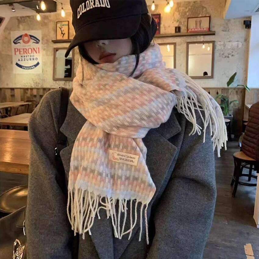 1pc Women's Rainbow for Autumn Winter, Stylish Warm Plaid Tassel Scarf Shawl, Sweet and Versatile Thick Neck Z260226