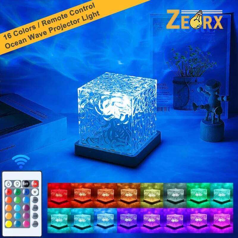 Ocean Wave Projector Light Cube Lamp with 16 Colors, Remote Control, USB Charging Night Lights for Living Room Bedroom Decor Z260227