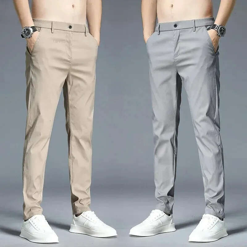 Clothing Skinny Jeans Summer Ultra thin Men's Casual trousers Slim Straight Elastic Ice Silk Sports Jogging Pants Fashion Korean Black Khaki Gree - view 3