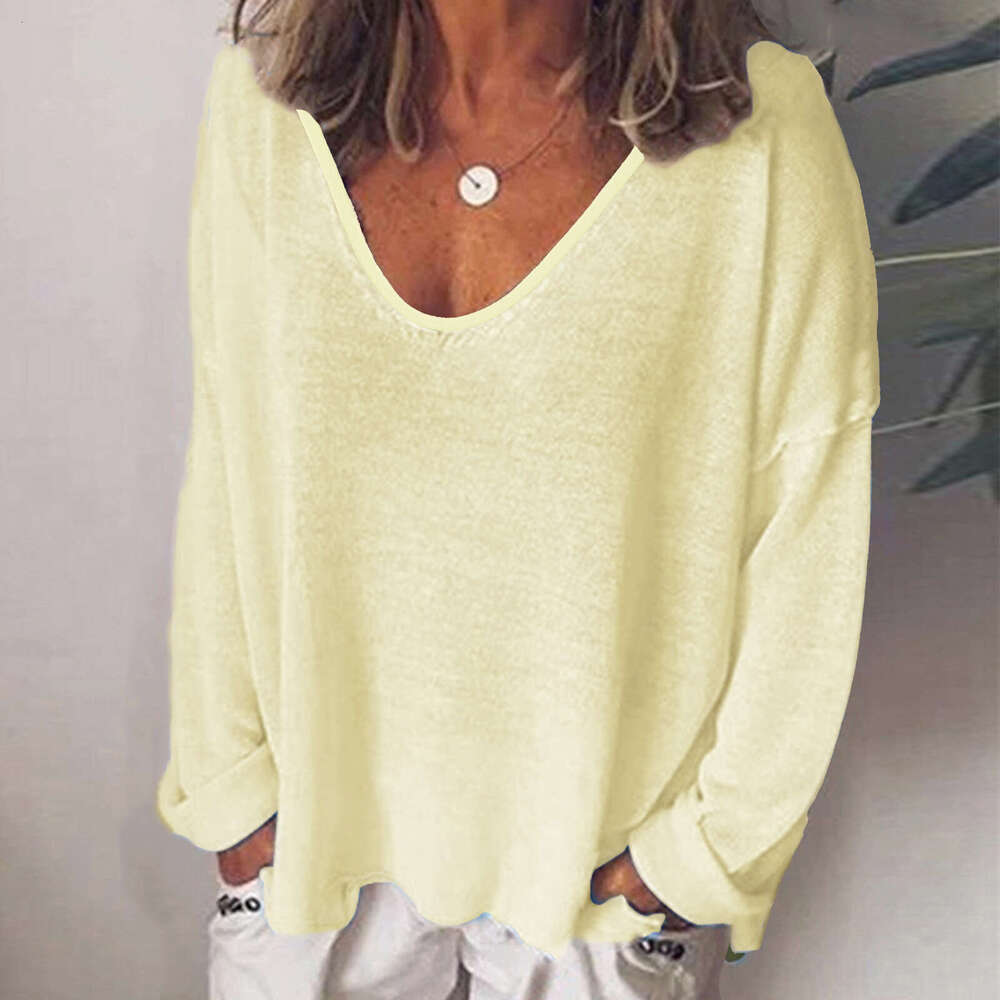 2026 U-Neck Long Sleeve Top Spring Hot Sale Elegant Solid Color Versatile Women's T-Shirt