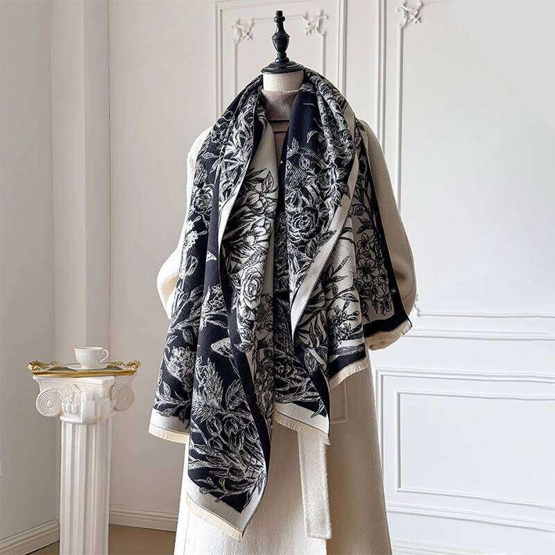 Elegant Flower Butterfly Imitation Cashmere Soft Warm Fringe Shawl New Autumn Winter Coldproof Windproof Blanket Scarf Z260226