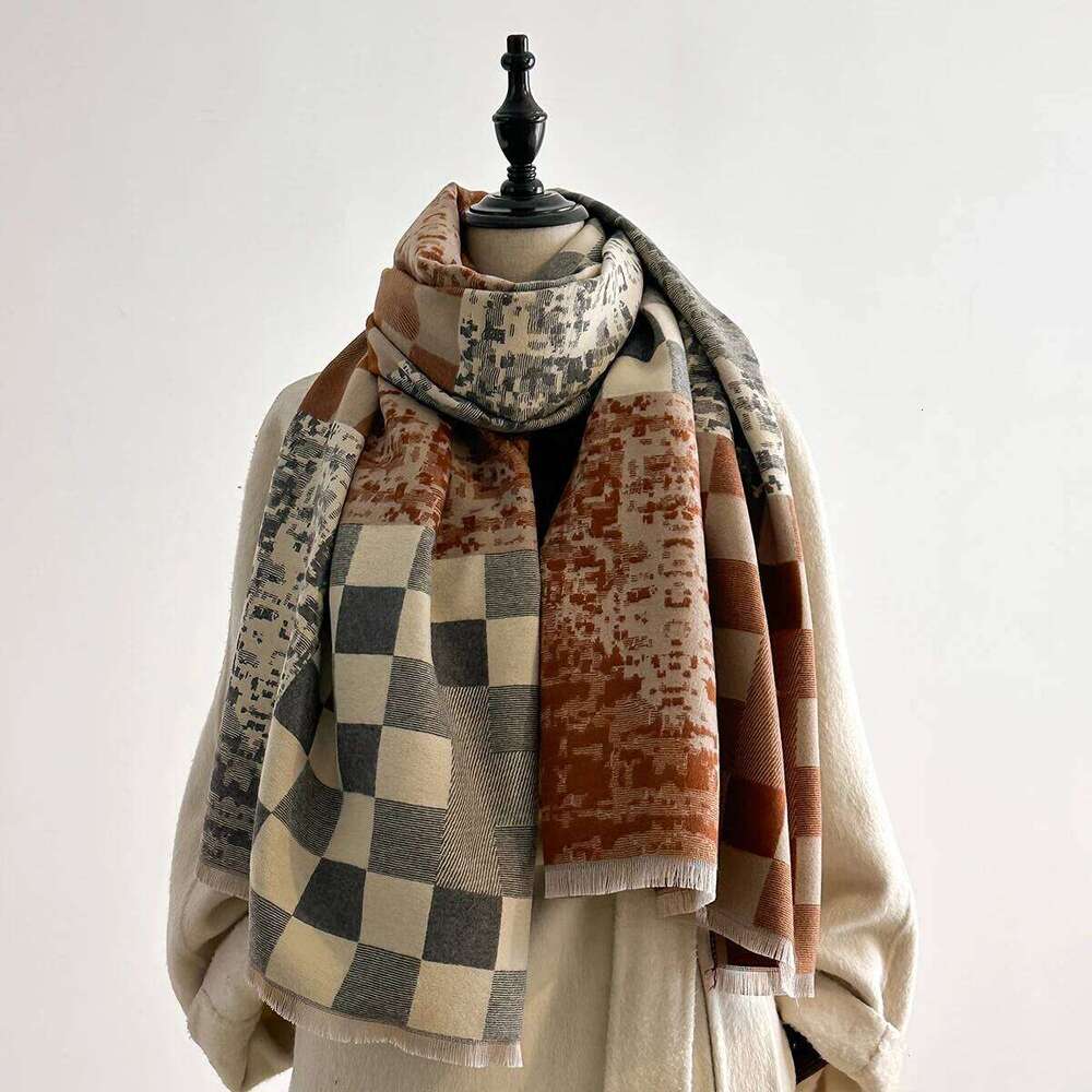 Luxury Winter Scarf Women Faux Cashmere Warm Checkerboard Pattern Pashmina Brand Foulard Female Shawls Wraps Thick Soft Bufanda Z260226