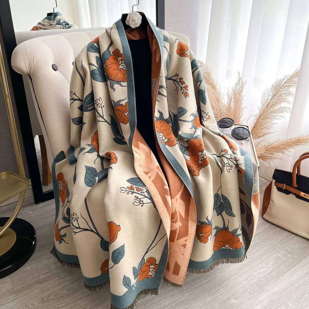 Elegant Floral Jacquard Pashmina Imitation Cashmere Scarf Winter Thick Warm Two-Sided Shawl Coldproof Windproof Blanket Z260226