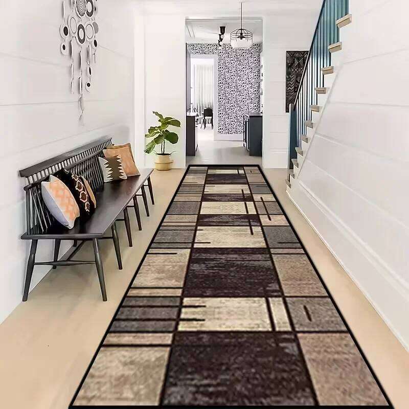Modern Khaki Geometric Runner Carpet Dark Grey Black Pattern Long Hallway Rug Contemporary Narrow Space Floor Mat Decoration H260226