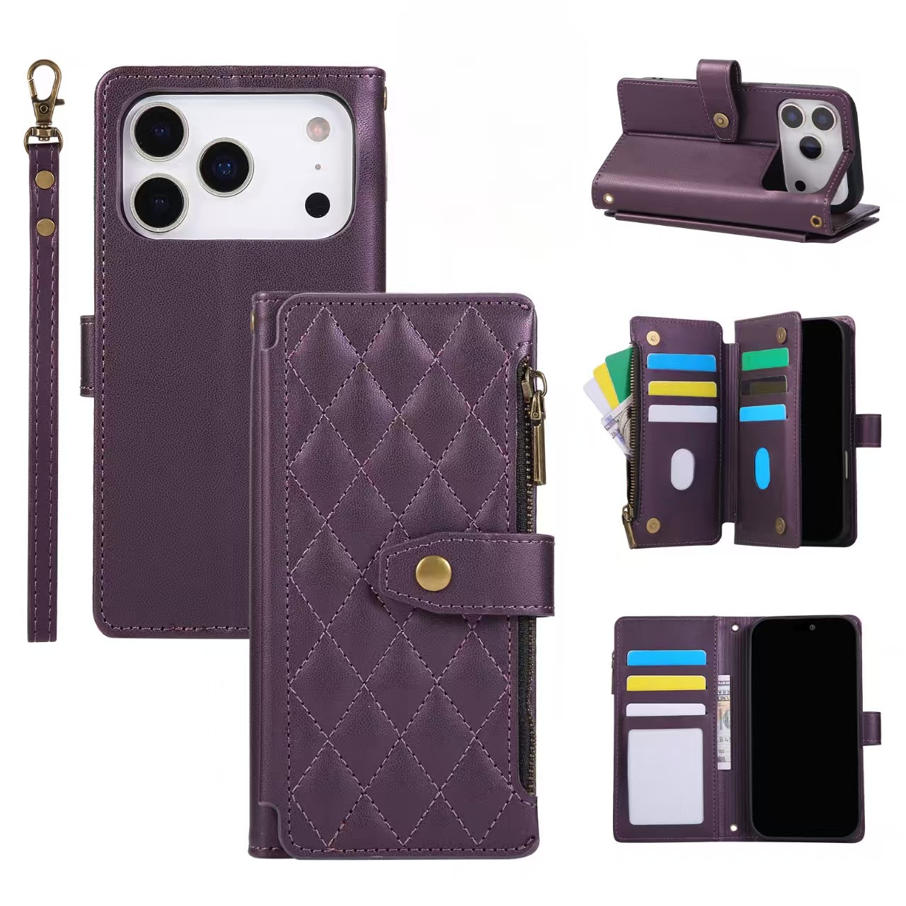 Small fragrant rhombus mobile phone case flip zipper can hold cards Apple 12-17 series leather protective case