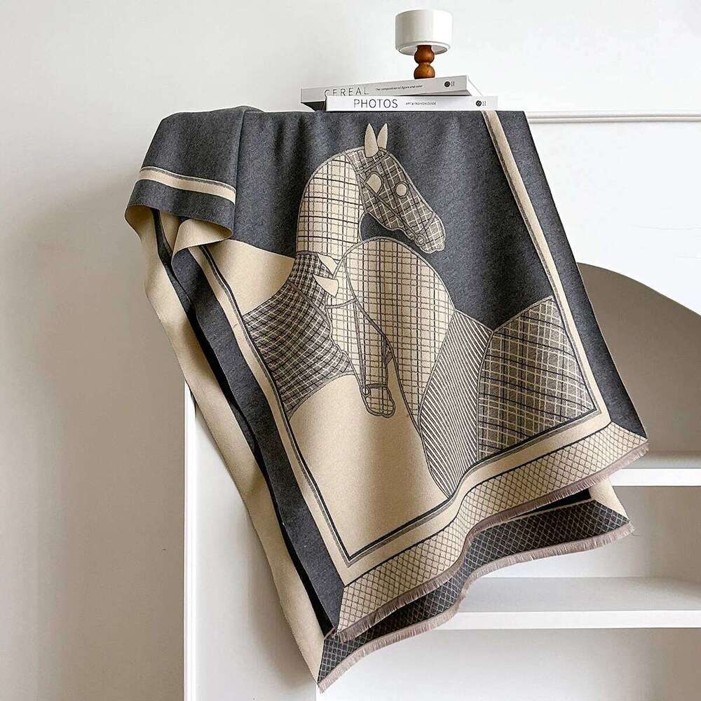 Women Luxury Horse Print Winter Poncho Shawl Animal Imitation Cashmere Scarves Pashmina Wraps Thick Warm Female Blanket Scarf Z260226