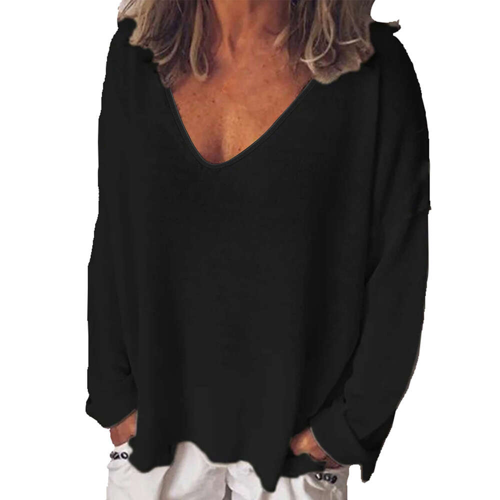 2026 U-Neck Long Sleeve Top Spring Hot Sale Elegant Solid Color Versatile Women's T-Shirt