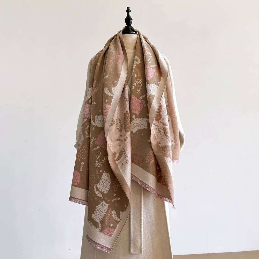 Cute Cartoon Jumping Cat Shawl Female 2025 Spring New Korean Version Autumn Winter Warm Shoulder Neck Versatile Scarf Z260226