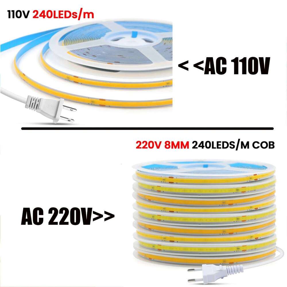 AC 220V 110V COB Strip 240LEDs/M 3000K 4000K 6000K 5M 10M 15M 20M EU/US Flexible Ribbon Rope LED Light For Home Decor Z260226