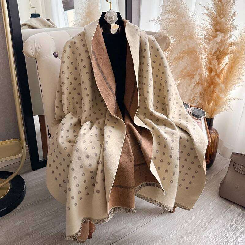 Women's Warm Faux Cashmere Shawl Autumn Winter Floral Jacquard Scarf Wrap Functional Neck Protection Blanket Style Z260226
