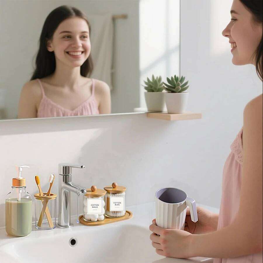 4 Pack Bamboo Bathroom Accessories Set - Plastic Soap Dispenser Clear Toothbrush and 2 Qtip Holder Cotton Ball