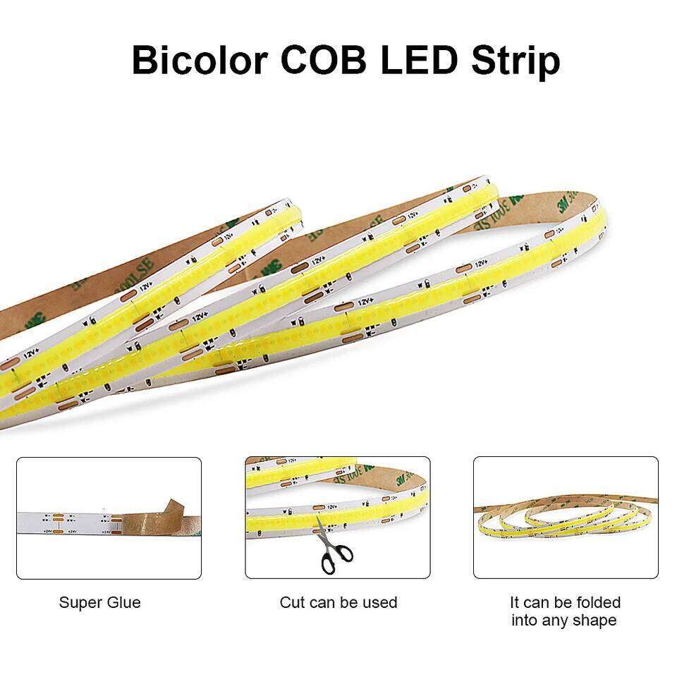 2700K-6500K Dimmable Light 5mm 10mm COB LED Bicolor High Density Flexible Led Tape DC12V 24V 1-10m CCT Strip Z260226