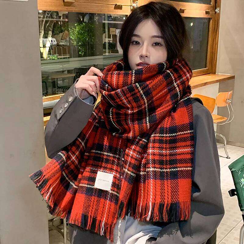 Christmas Series Winter Women's Checkered Tassel Warm Shawl Scarf Z260226
