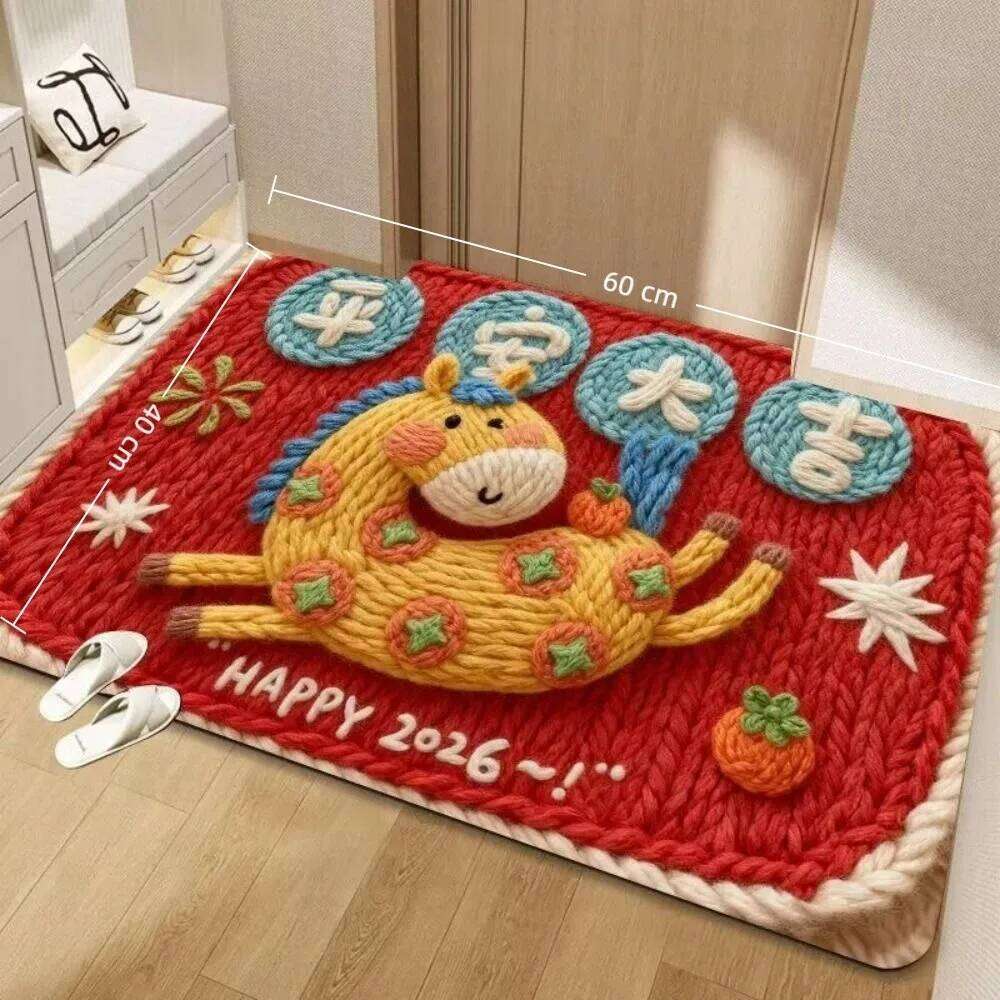 Pattern New Non-slip Door Carpet Water Absorption Festive Red Year of The Horse Bath Mat Home Decorations H260226