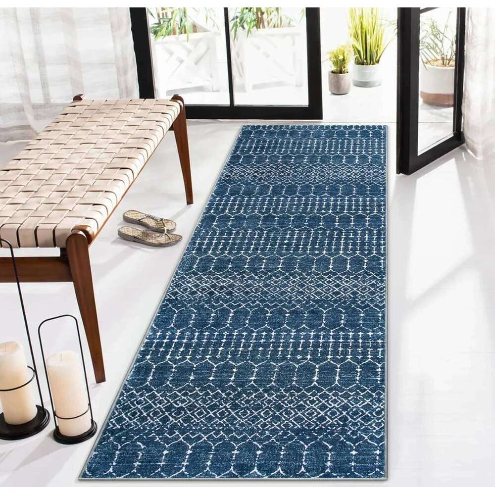 Non Slip Washable Blue Series Runner Rug Floral Geometric Pattern Mat for Kitchen Hallway Corridor Home Decor Floor Carpet H260226