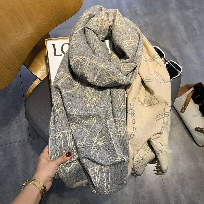 2025 New Thickened Fringe Scarf Women, Cat Printed Faux Cashmere Hot Sale Stole for Autumn and Winter Warm Neckmer Z260226