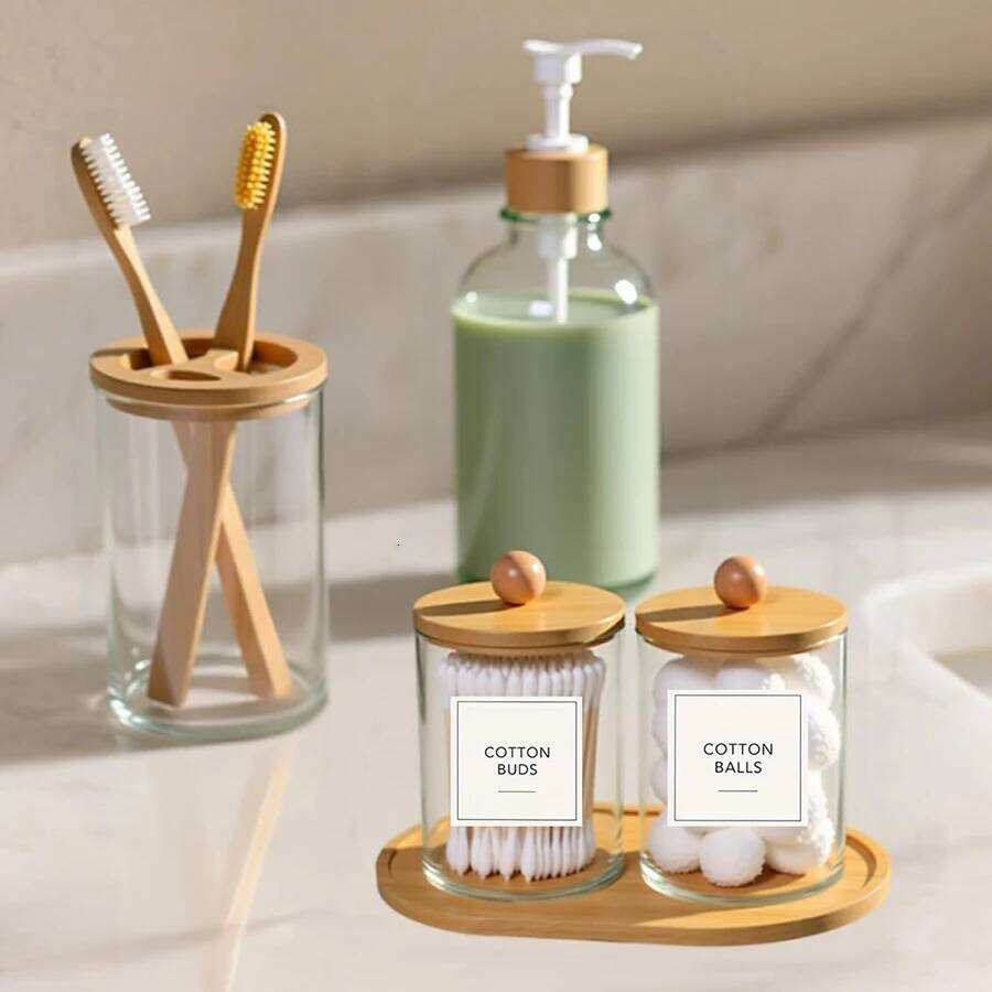 4 Pack Bamboo Bathroom Accessories Set - Plastic Soap Dispenser Clear Toothbrush and 2 Qtip Holder Cotton Ball