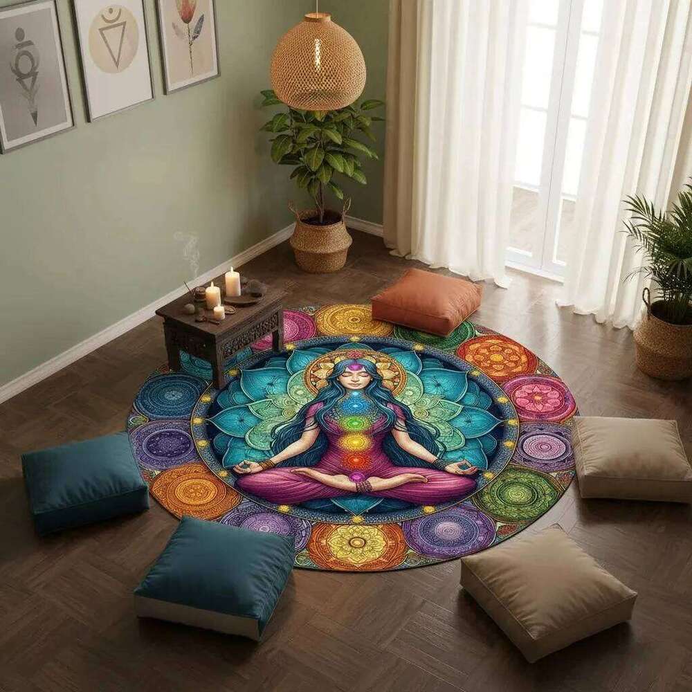 1pc Meditation on Female Chakra Energy Round Rug, Non-slip Floor Mat for Living Room, Bedroom, Bathroom, Holiday Home Decoration H260226